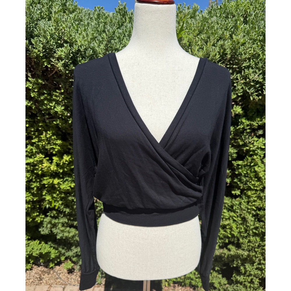 Womens  Express Black Long Sleeve Wrap Front Crossover Cropped Top Ribbed Hem XS